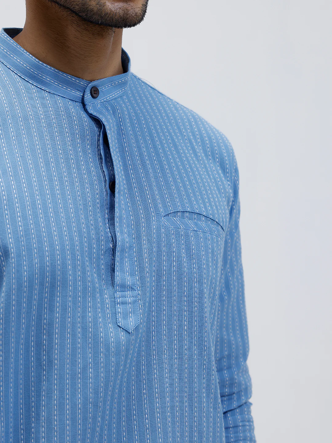 Men Cotton Short Length Striped Pocket Kurta Bright Blue RK59 - Image 5