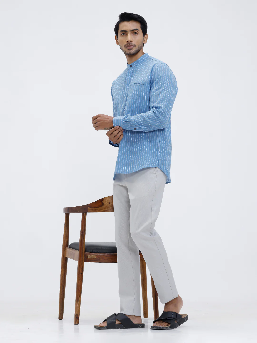 Men Cotton Short Length Striped Pocket Kurta Bright Blue RK59 - Image 6