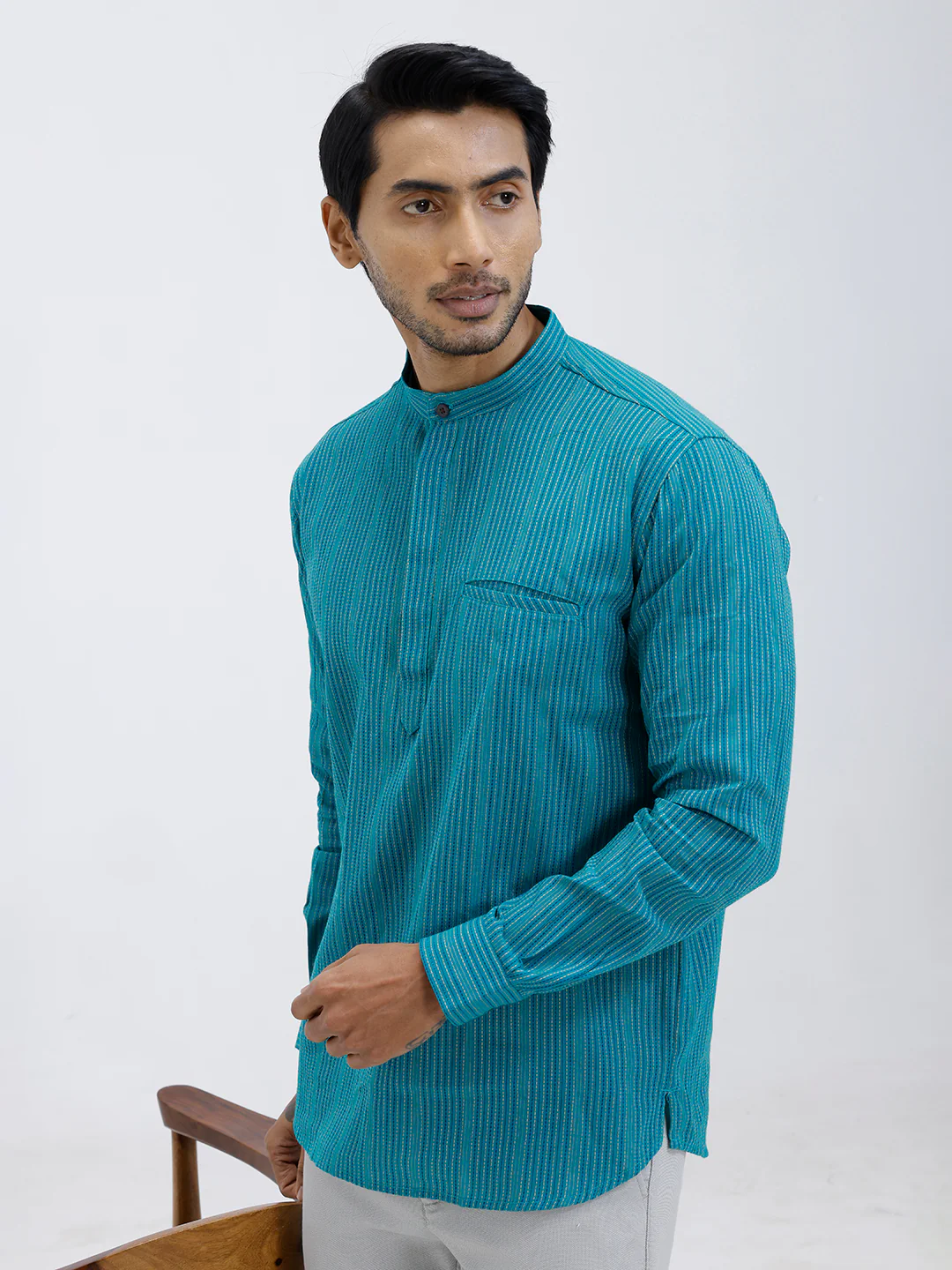 Men Cotton Short Length Striped Pocket Kurta Green RK56 - Image 2