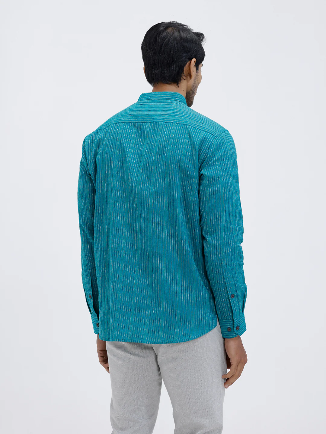 Men Cotton Short Length Striped Pocket Kurta Green RK56 - Image 3