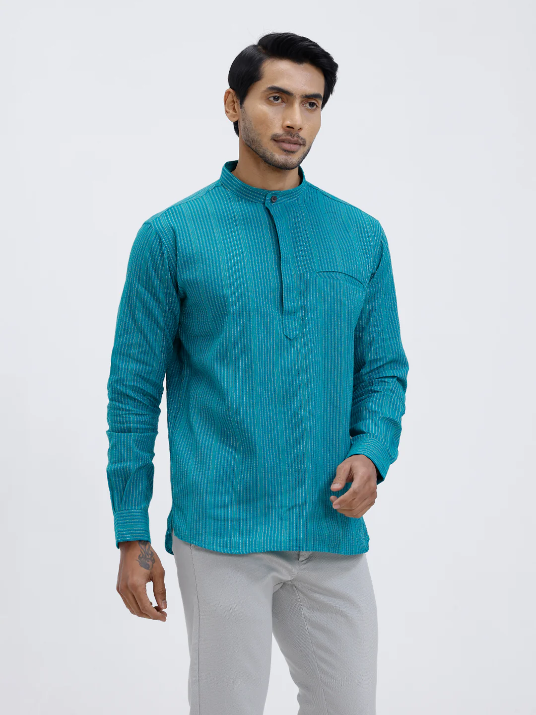 Men Cotton Short Length Striped Pocket Kurta Green RK56 - Image 4