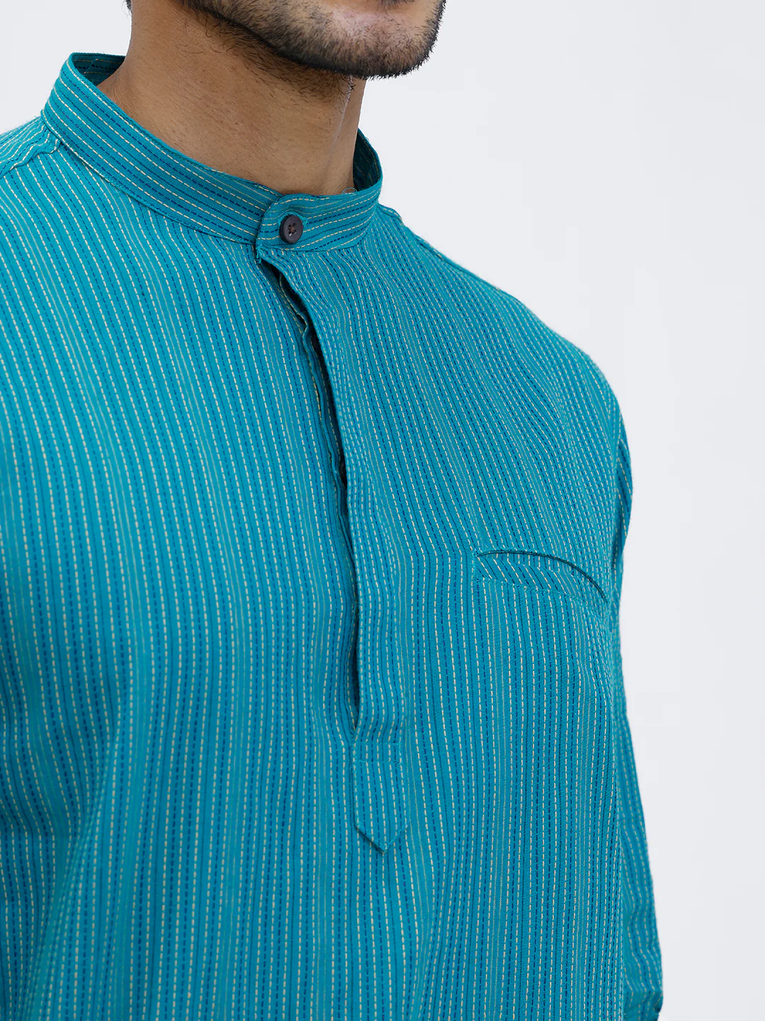 Men Cotton Short Length Striped Pocket Kurta Green RK56 - Image 5
