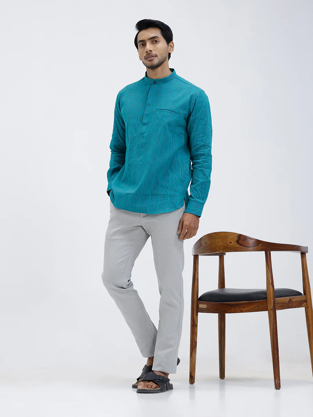 Men Cotton Short Length Striped Pocket Kurta Green RK56 - Image 6