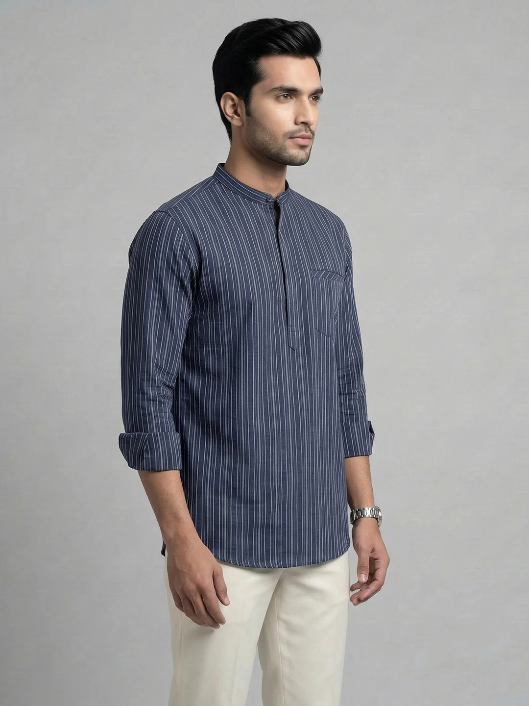 Men Cotton Short Length Striped Pocket Kurta Grey Blue RK81 - Image 2
