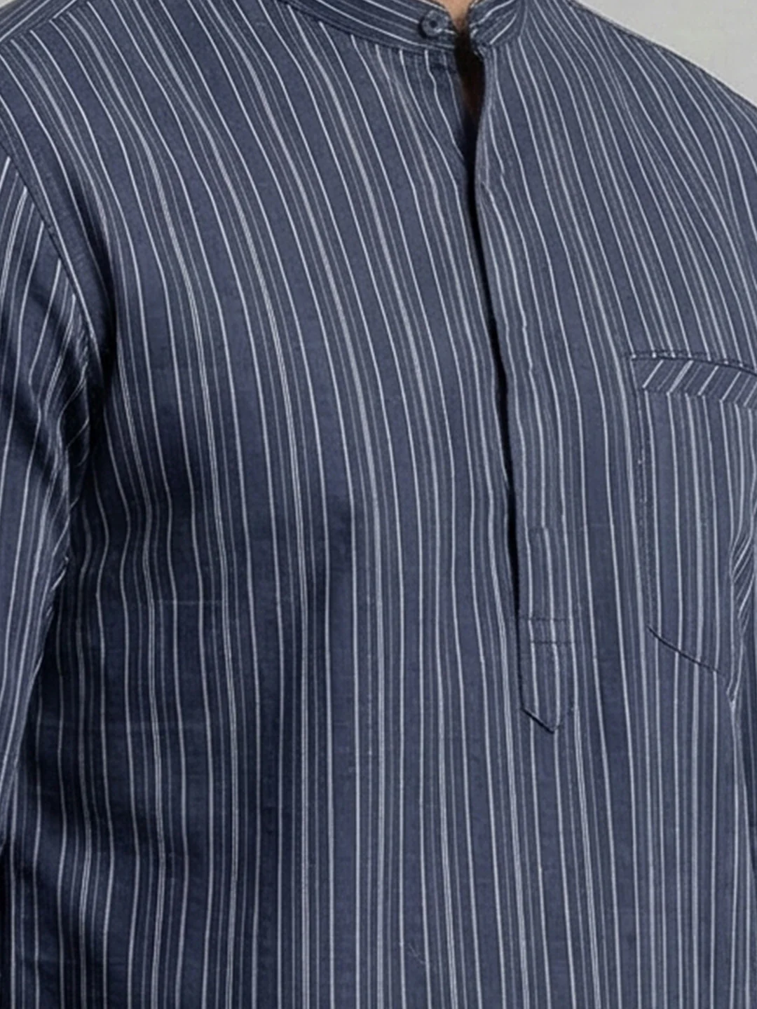 Men Cotton Short Length Striped Pocket Kurta Grey Blue RK81 - Image 3