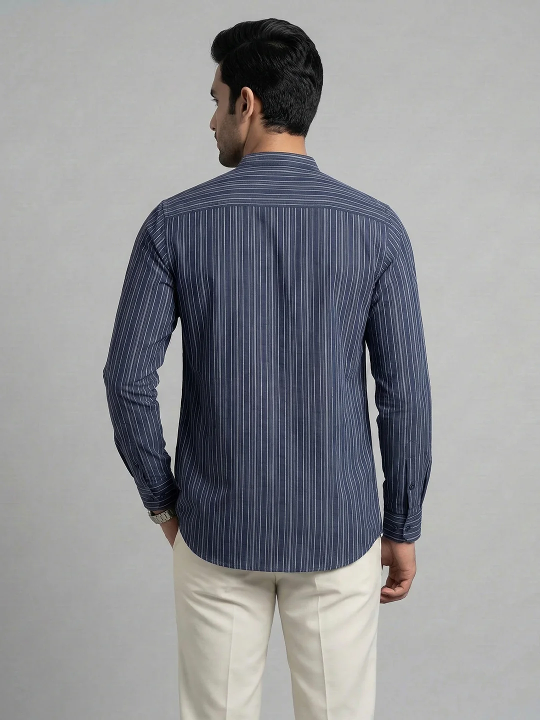 Men Cotton Short Length Striped Pocket Kurta Grey Blue RK81 - Image 4