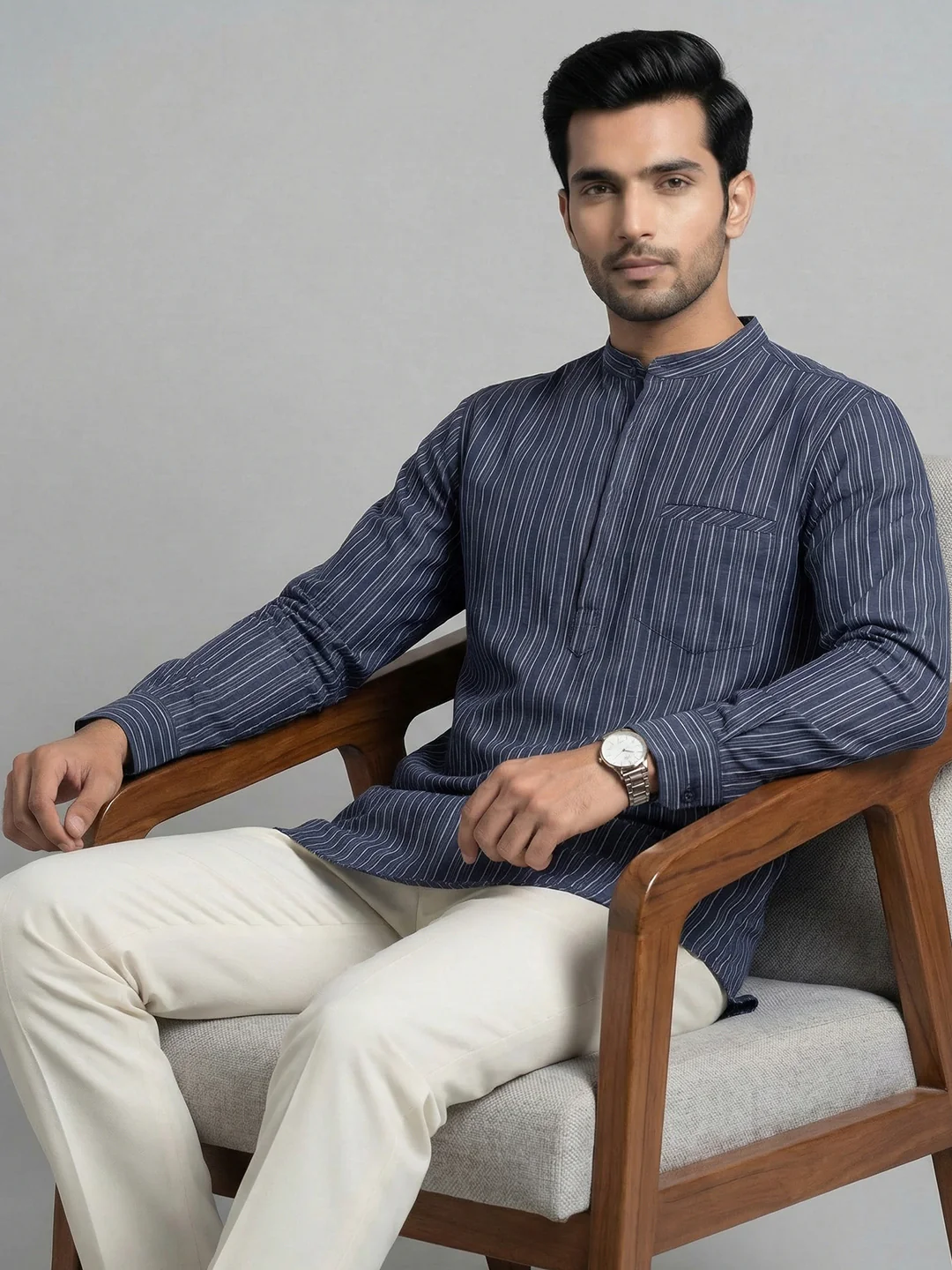 Men Cotton Short Length Striped Pocket Kurta Grey Blue RK81 - Image 5