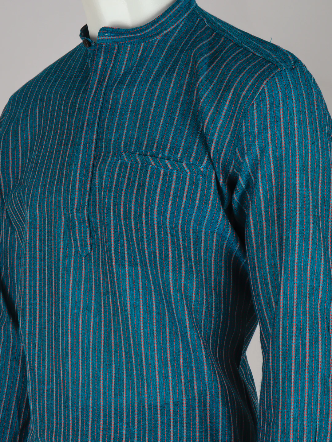 Men Cotton Short Length Striped Pocket Kurta Peacock Green RJ52 - Image 2