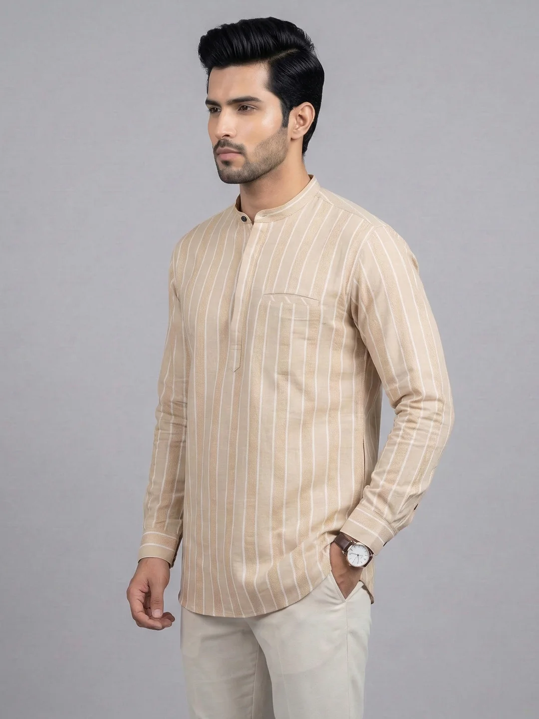 Men Cotton Short Length Striped Pocket Kurta Sand Beige RK53 - Image 2