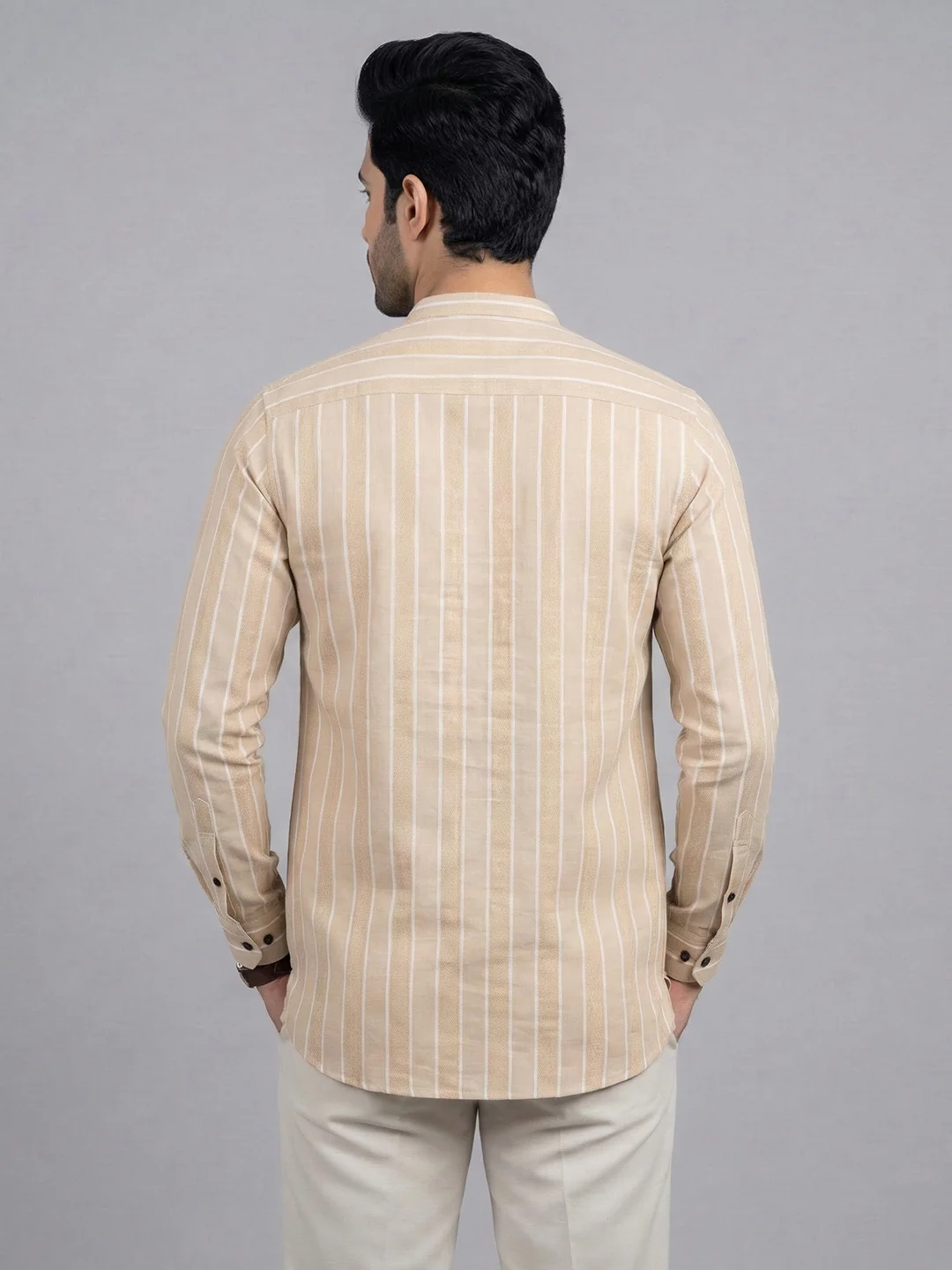 Men Cotton Short Length Striped Pocket Kurta Sand Beige RK53 - Image 3