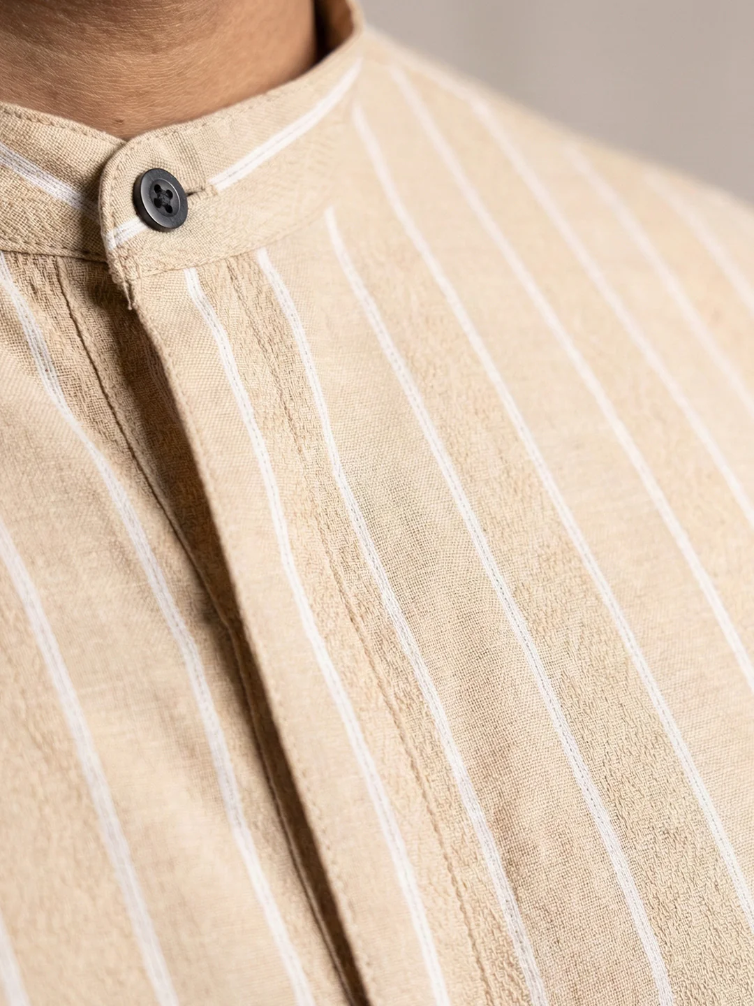 Men Cotton Short Length Striped Pocket Kurta Sand Beige RK53 - Image 4
