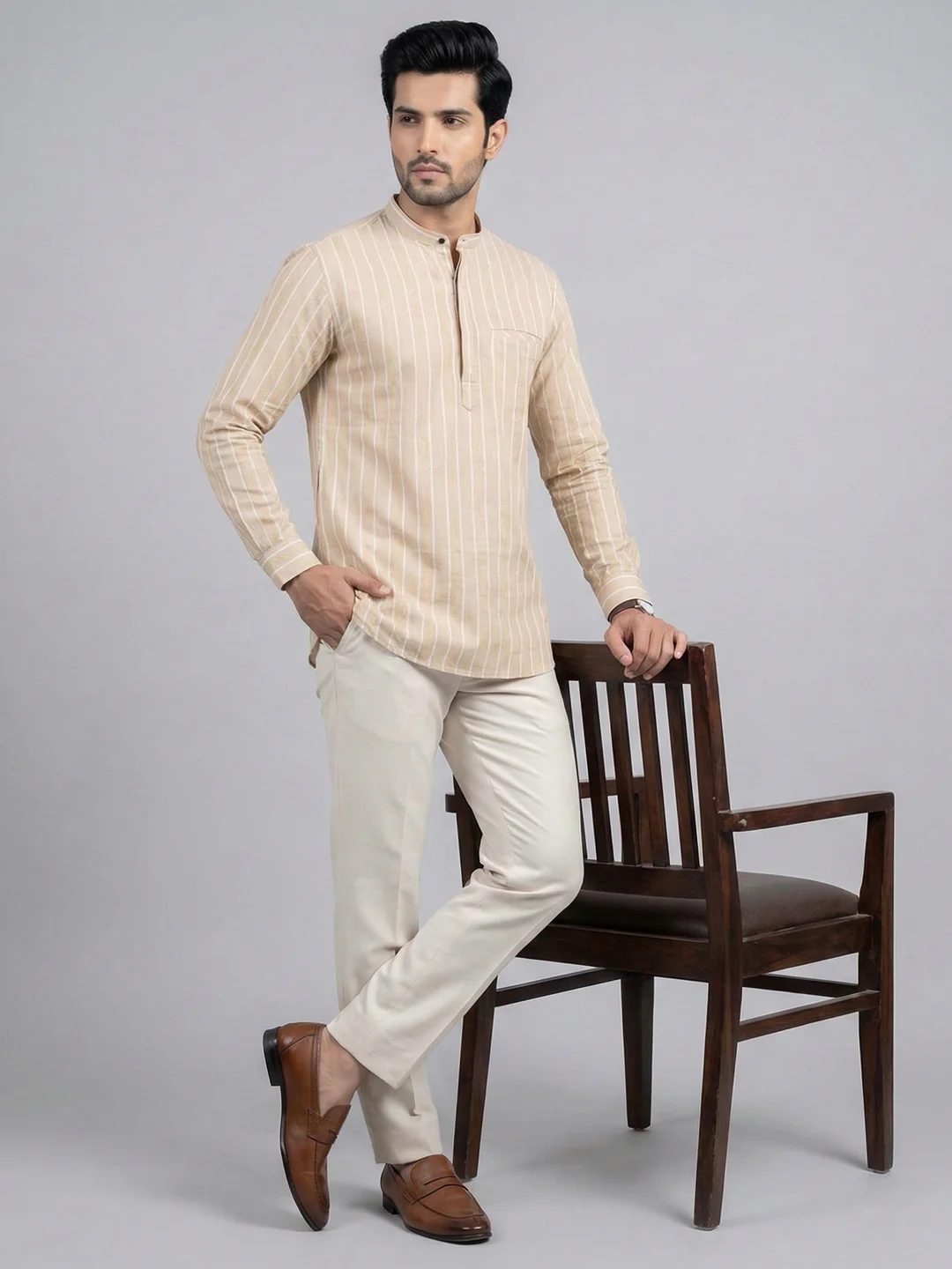 Men Cotton Short Length Striped Pocket Kurta Sand Beige RK53 - Image 5