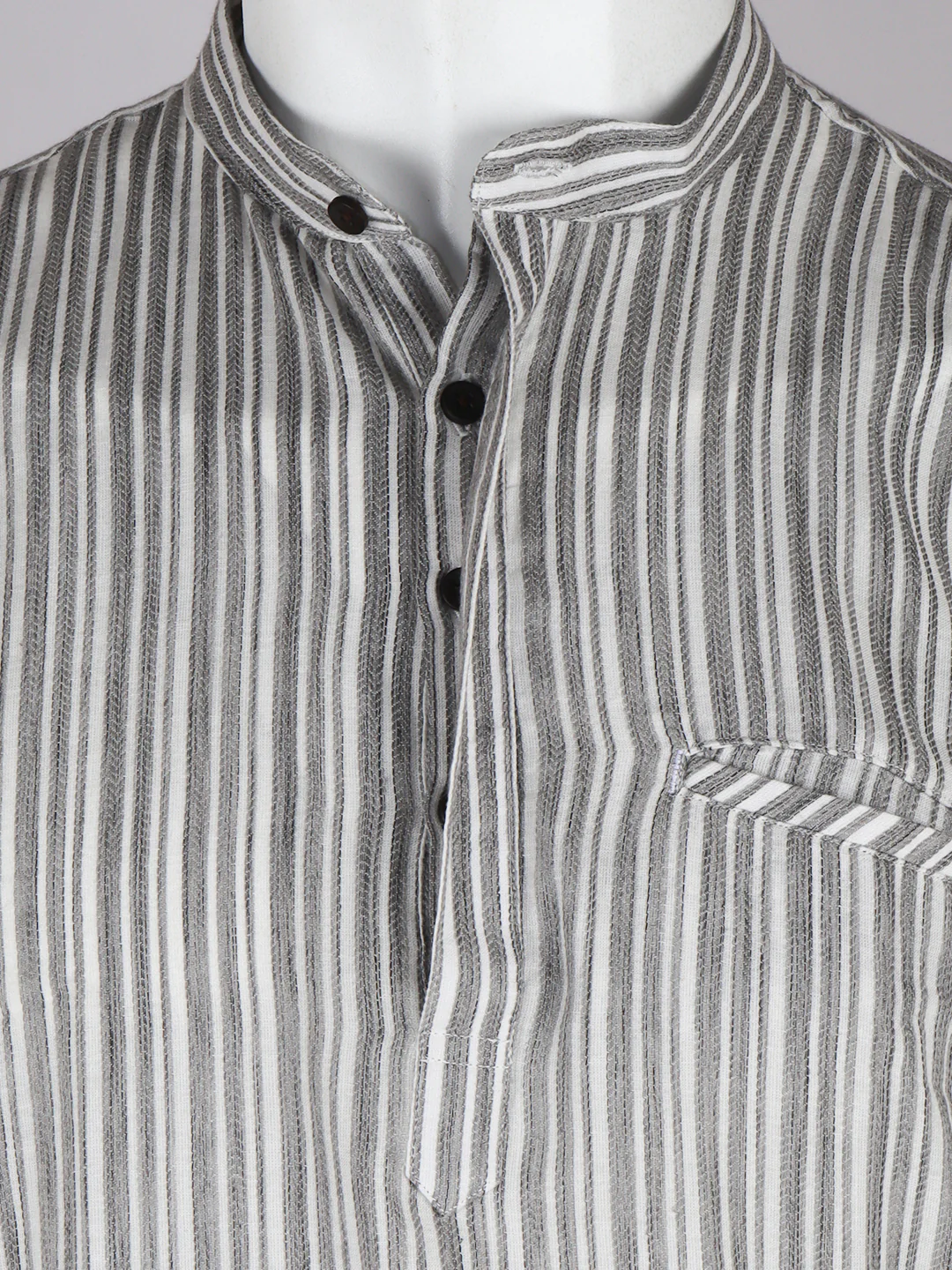 Men Cotton Short Length Striped Pocket Kurta White Grey RJ28 - Image 2