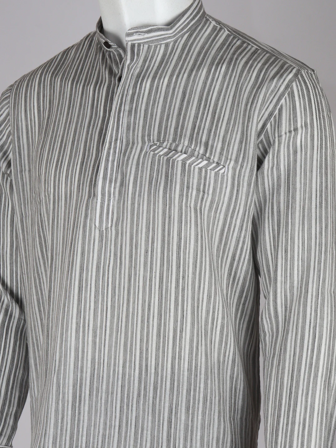 Men Cotton Short Length Striped Pocket Kurta White Grey RJ28 - Image 5
