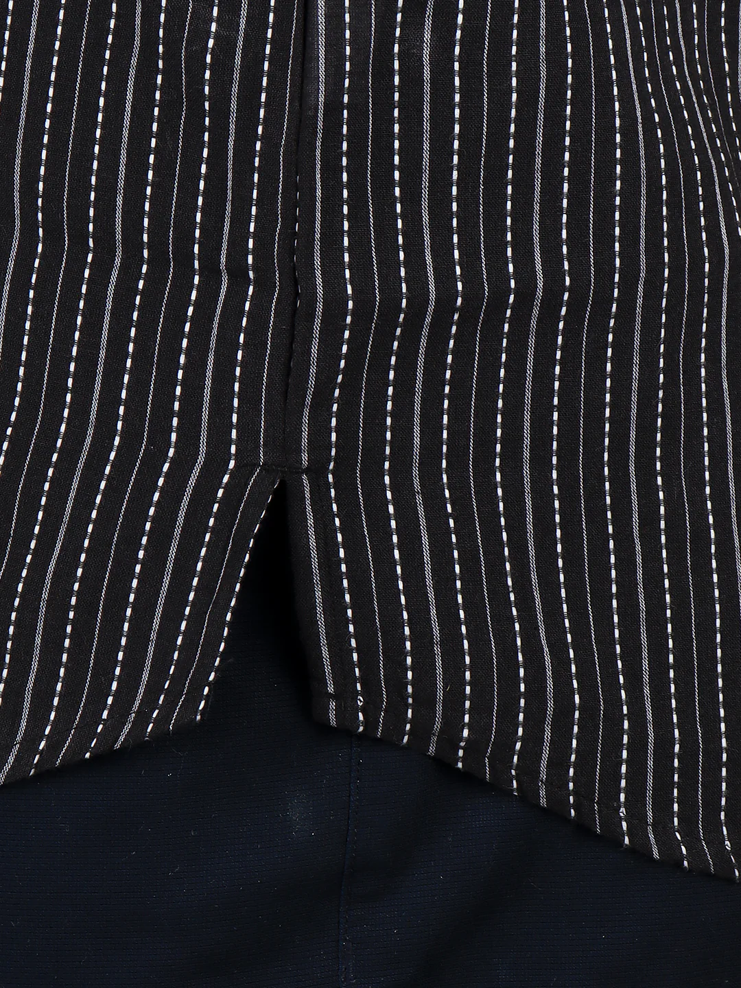 Men Cotton Short Length Stripes Pocket Kurta Black RJ26 - Image 3