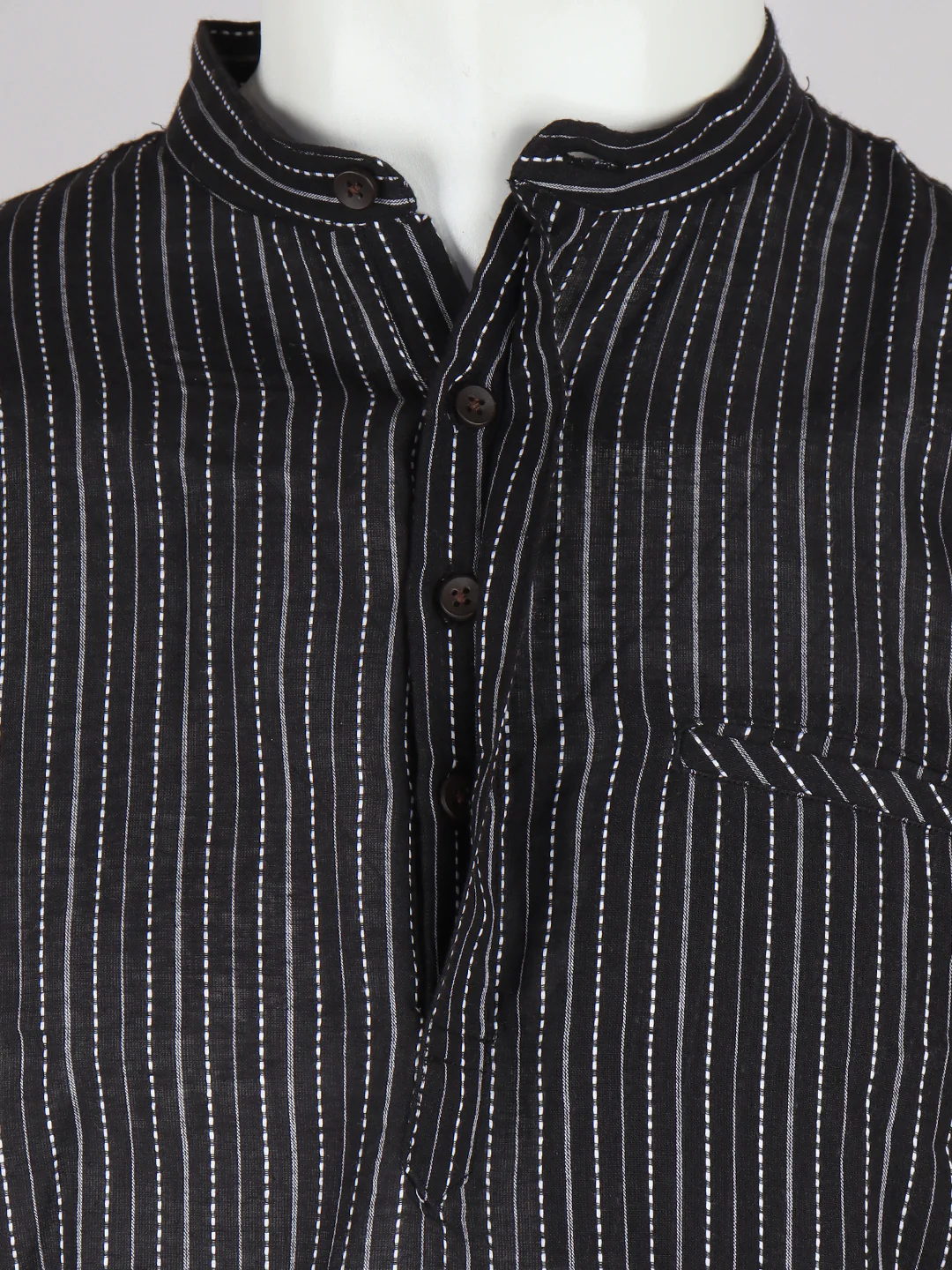 Men Cotton Short Length Stripes Pocket Kurta Black RJ26 - Image 5