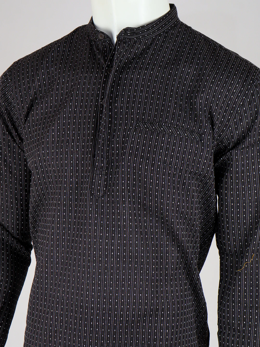 Men Cotton Short Length Stripes Pocket Kurta Black RJ31 - Image 2