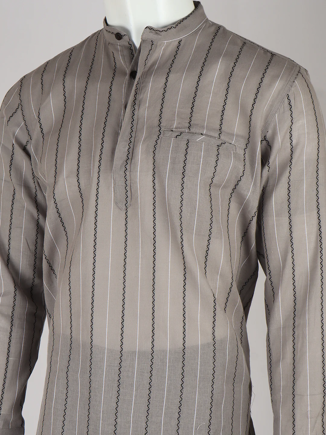 Men Cotton Short Length Stripes Pocket Kurta Silver Grey RJ35 - Image 5