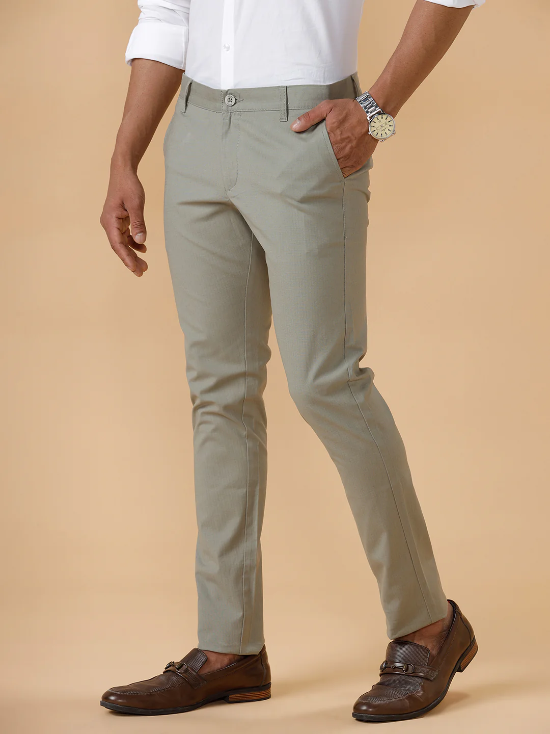 Men Cotton Lycra Smart Fit Stretch Pant Olive Green Linox
