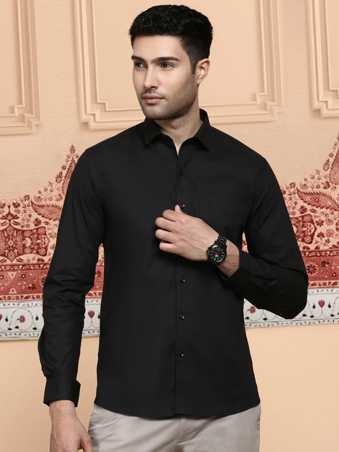 Men Cotton Spandex Shirt 2 way stretch Black LY10 - Image 3