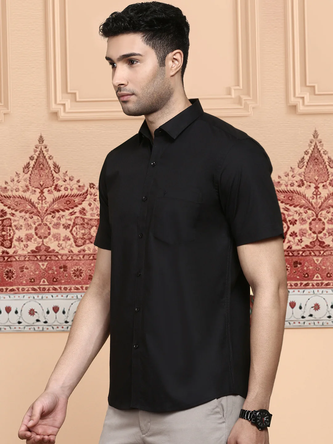 Men Cotton Spandex Shirt 2 way stretch Black LY10 - Image 4