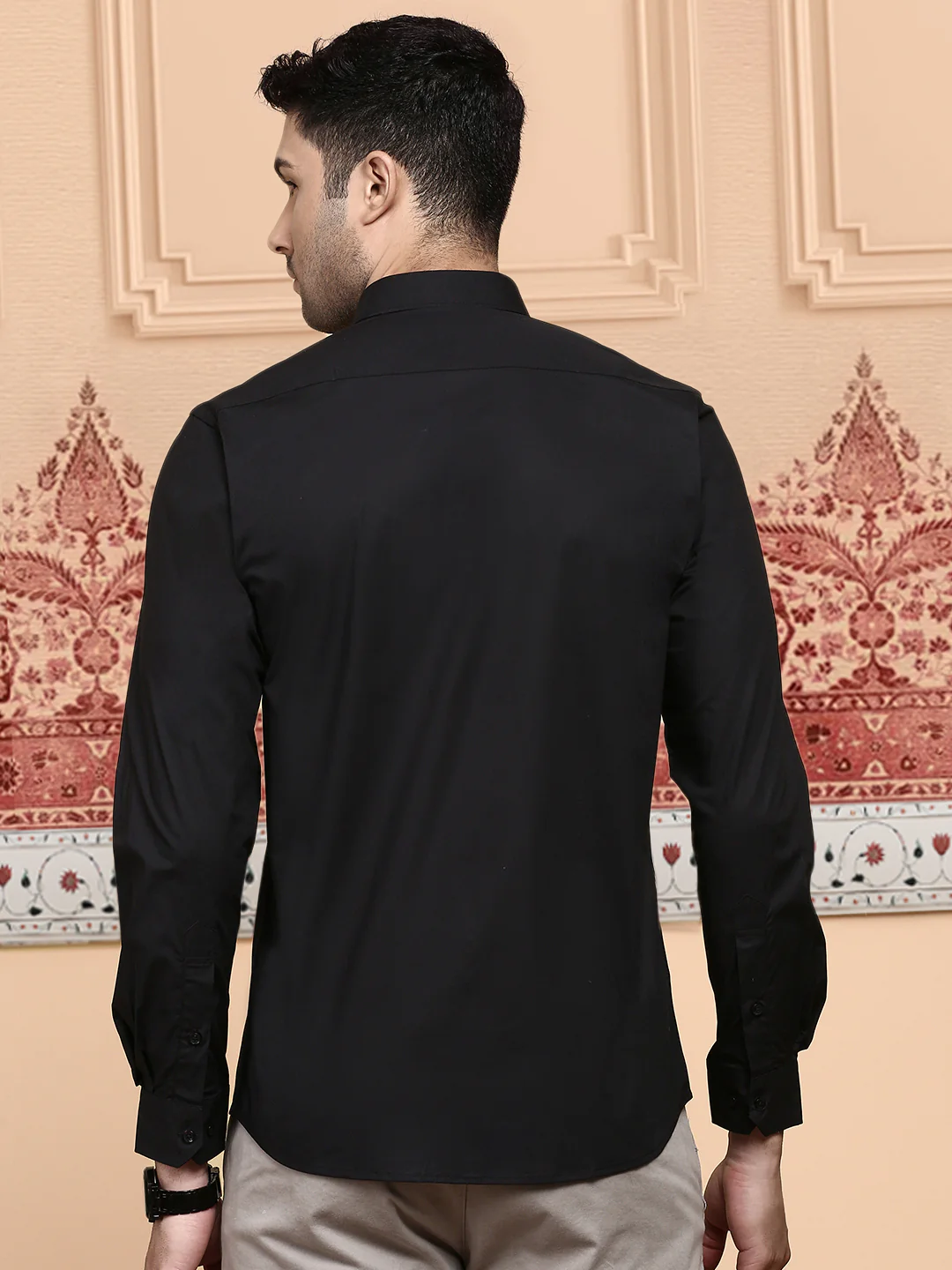 Men Cotton Spandex Shirt 2 way stretch Black LY10 - Image 5