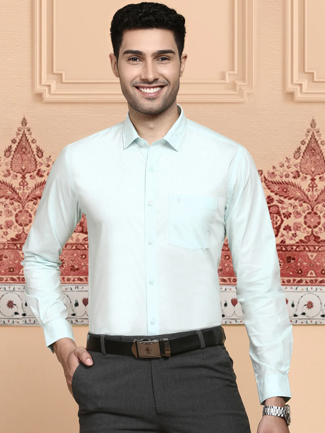 Men Cotton Spandex Shirt 2 way stretch Blue LY1 - Image 3