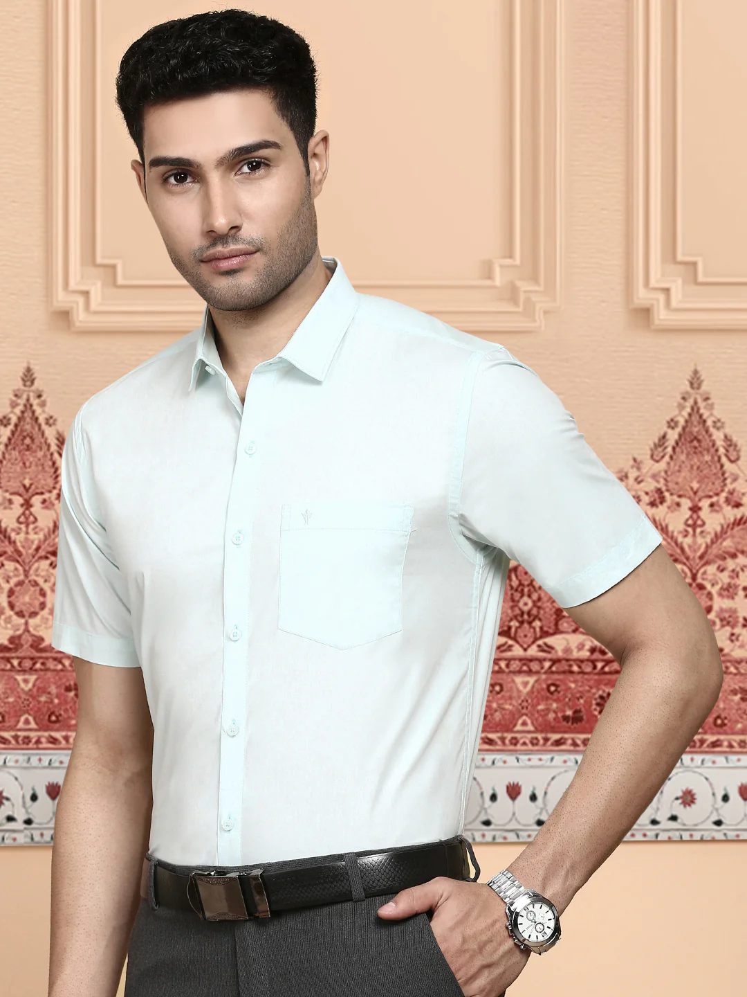 Men Cotton Spandex Shirt 2 way stretch Blue LY1 - Image 4