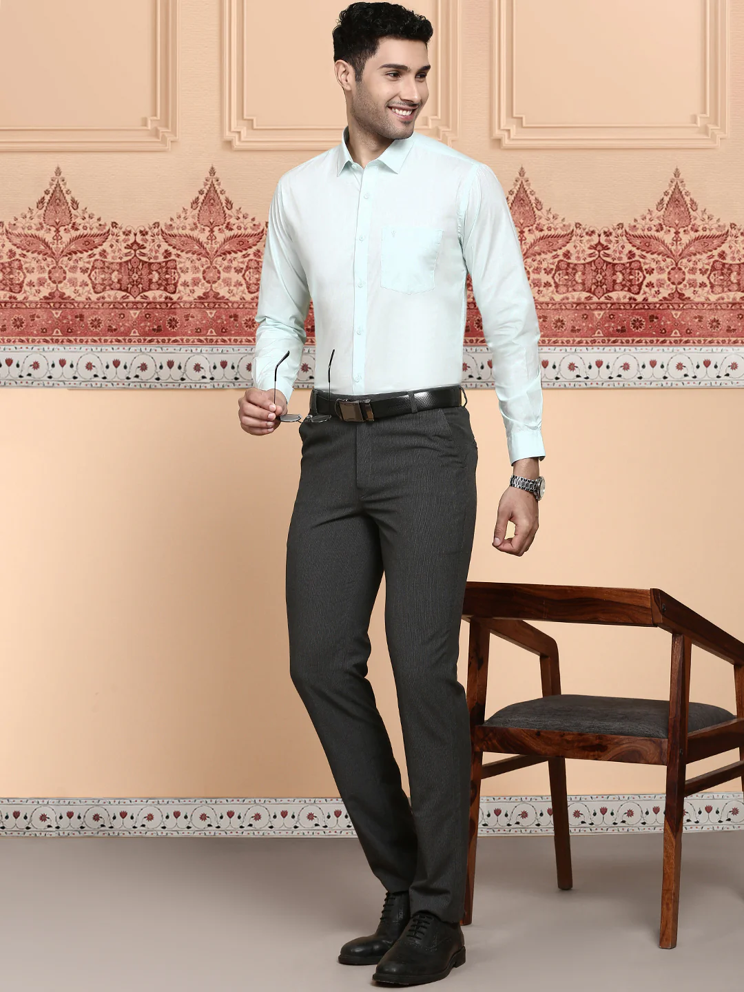 Men Cotton Spandex Shirt 2 way stretch Blue LY1 - Image 6