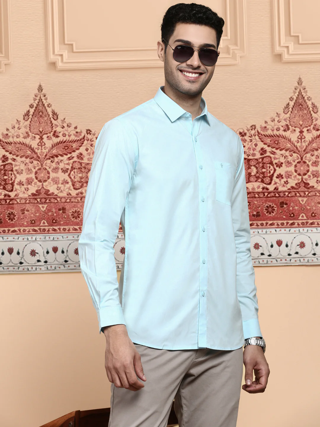 Men Cotton Spandex Shirt 2 way stretch Blue LY2