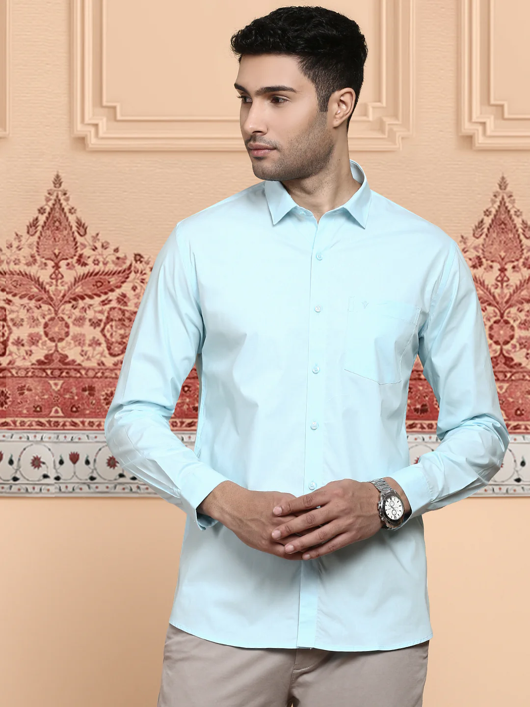 Men Cotton Spandex Shirt 2 way stretch Blue LY2 - Image 3