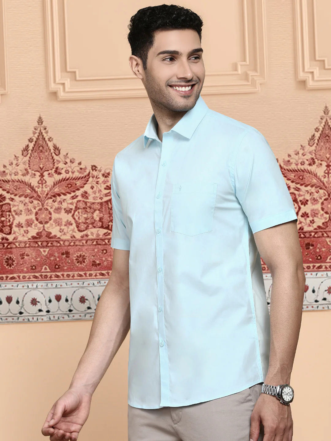 Men Cotton Spandex Shirt 2 way stretch Blue LY2 - Image 4
