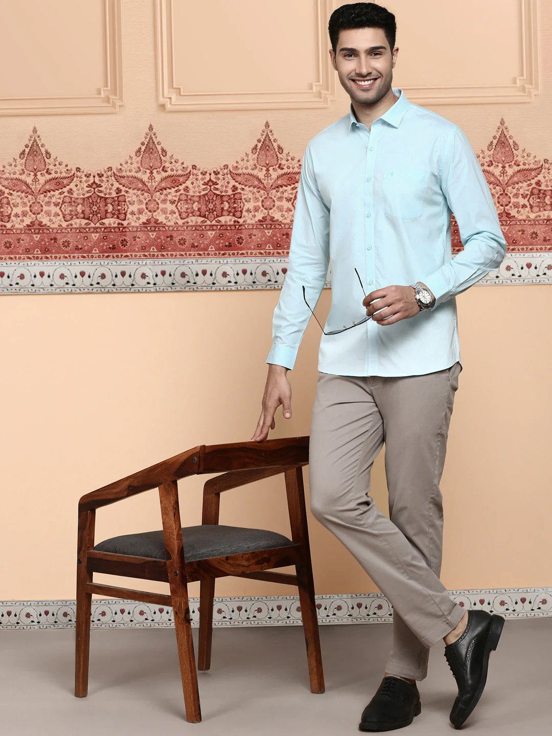 Men Cotton Spandex Shirt 2 way stretch Blue LY2 - Image 7