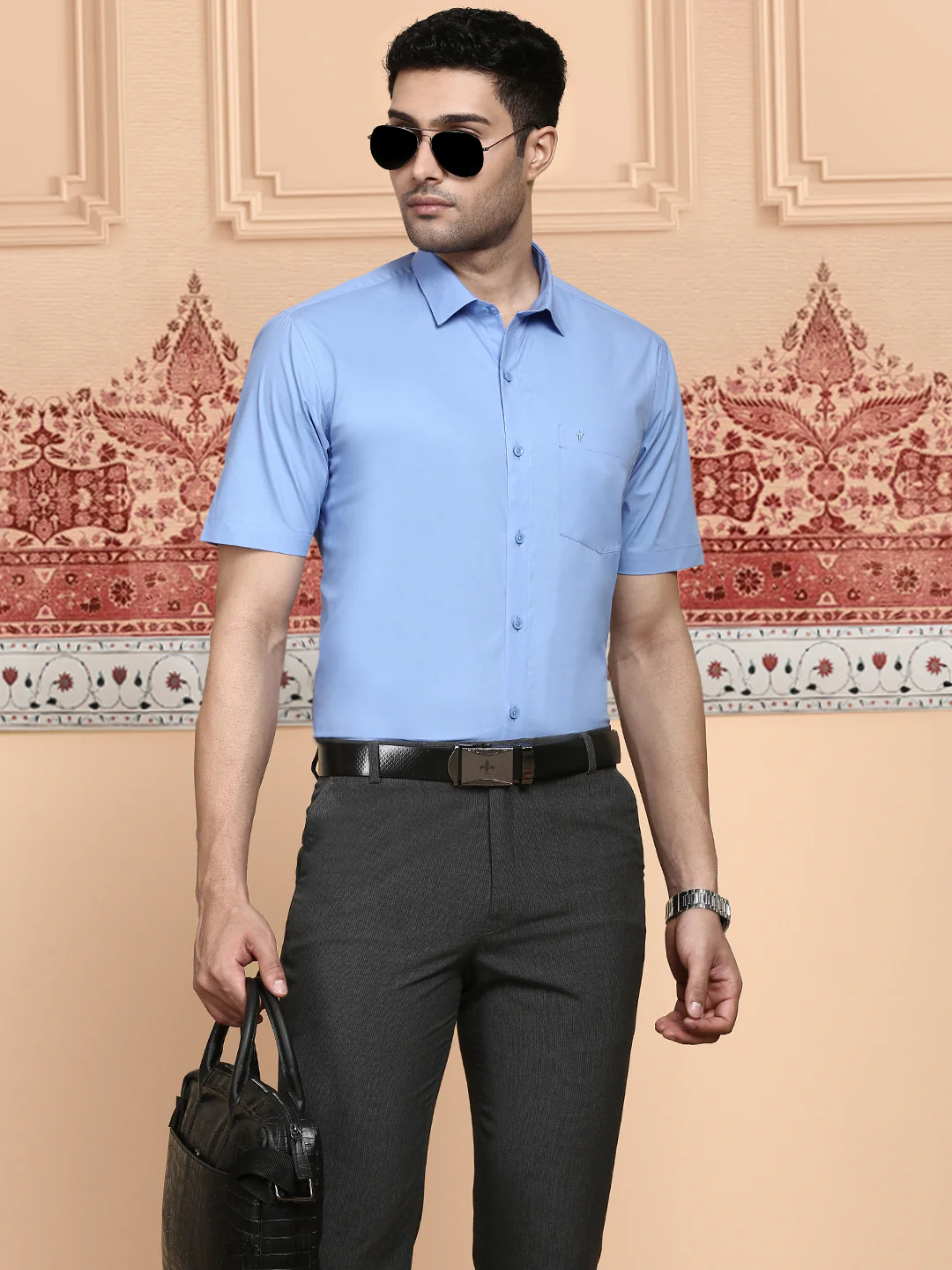 Men Cotton Spandex Shirt 2 Way Stretch Blue LY8 - Image 2