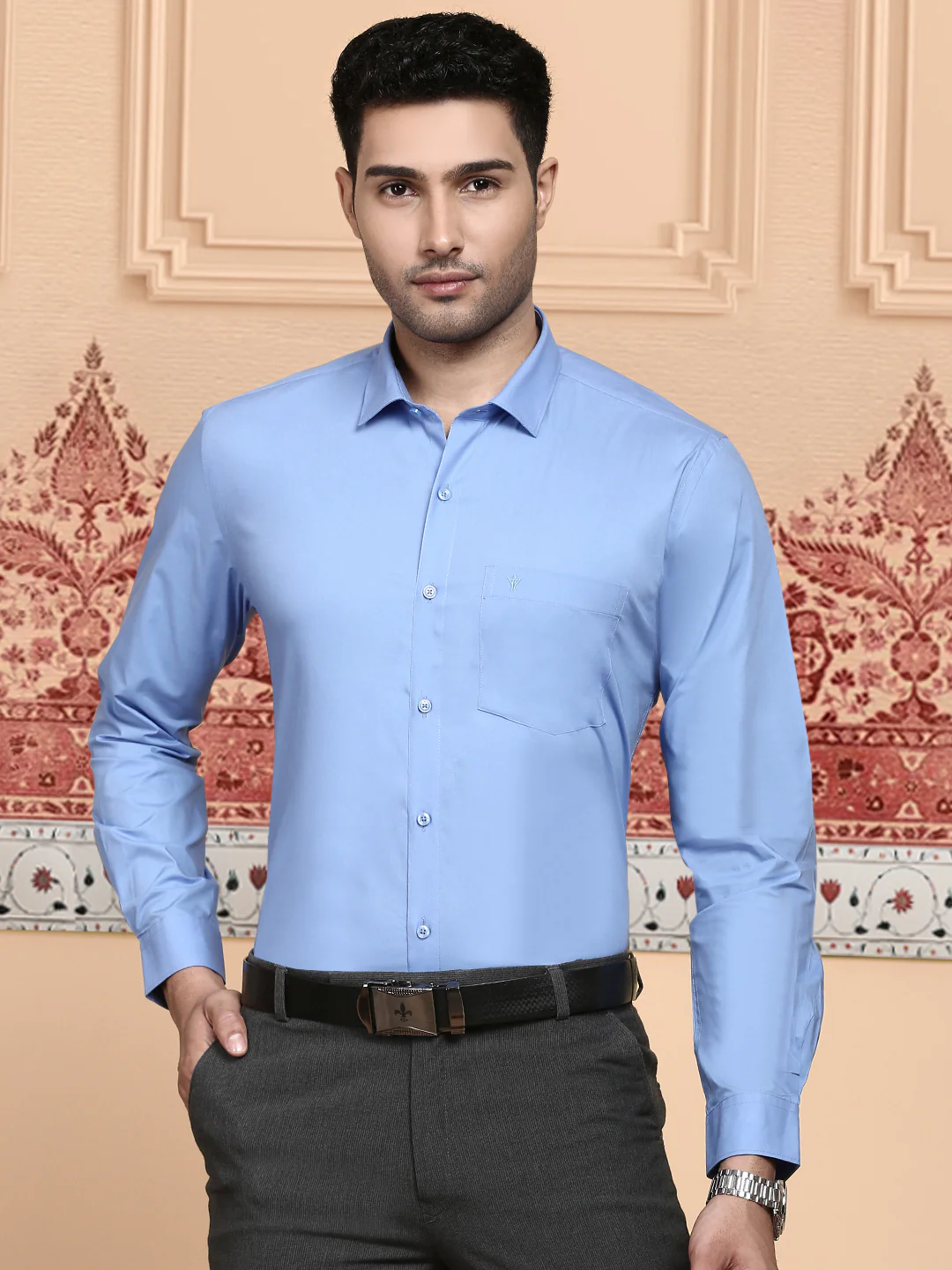 Men Cotton Spandex Shirt 2 Way Stretch Blue LY8 - Image 3