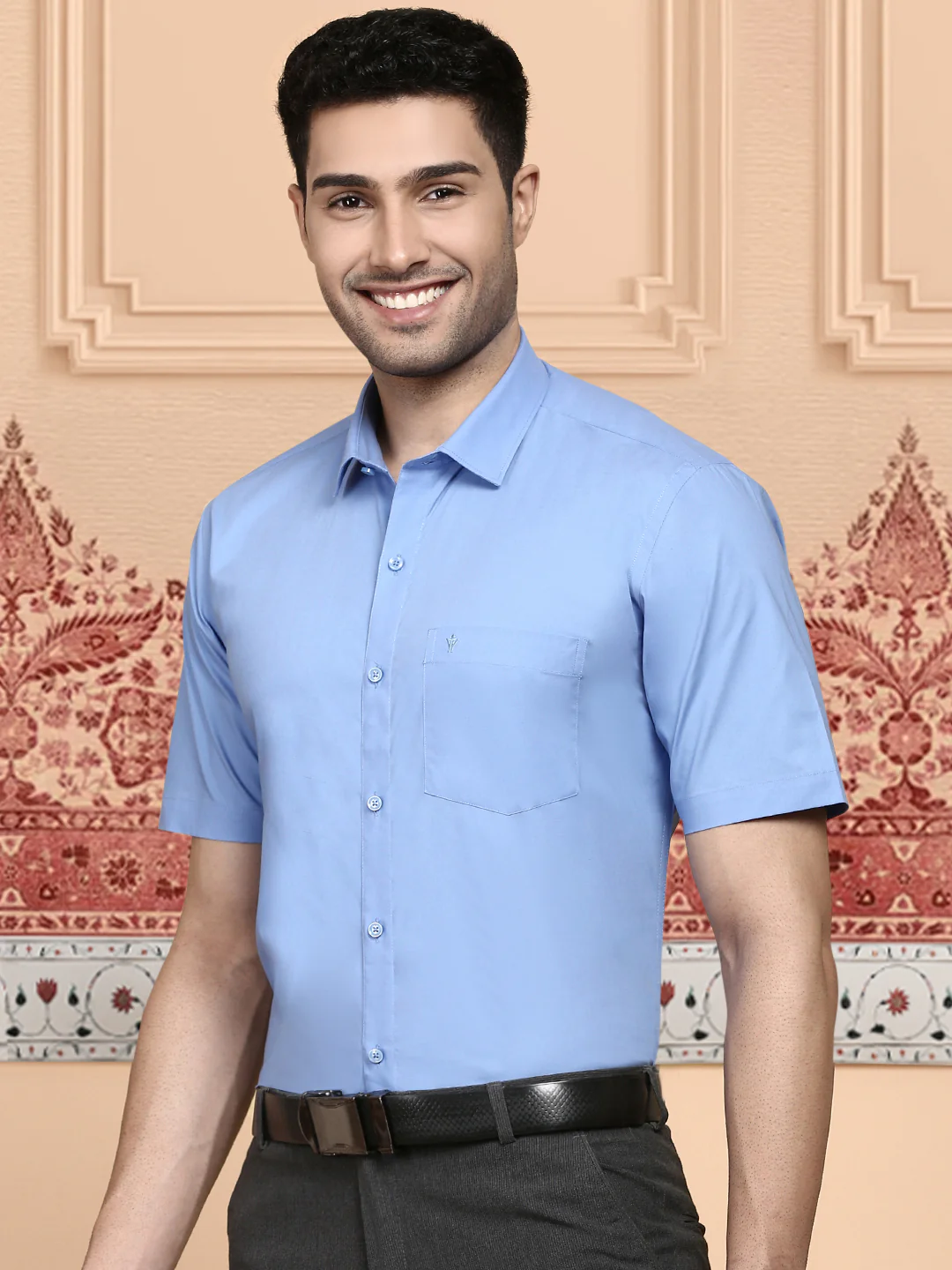 Men Cotton Spandex Shirt 2 Way Stretch Blue LY8 - Image 4