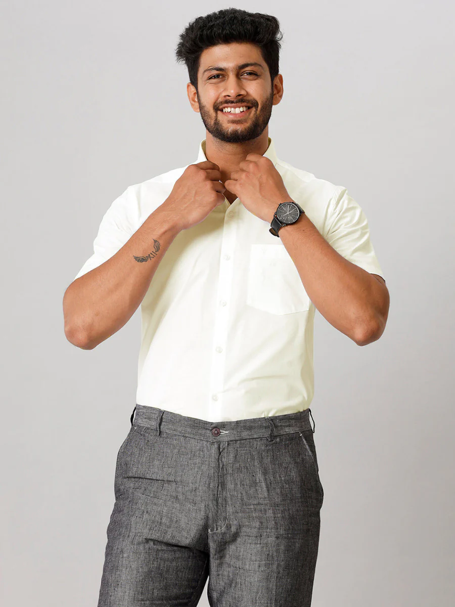 Men Cotton Spandex Shirt 2 Way Stretch Cream - Image 2