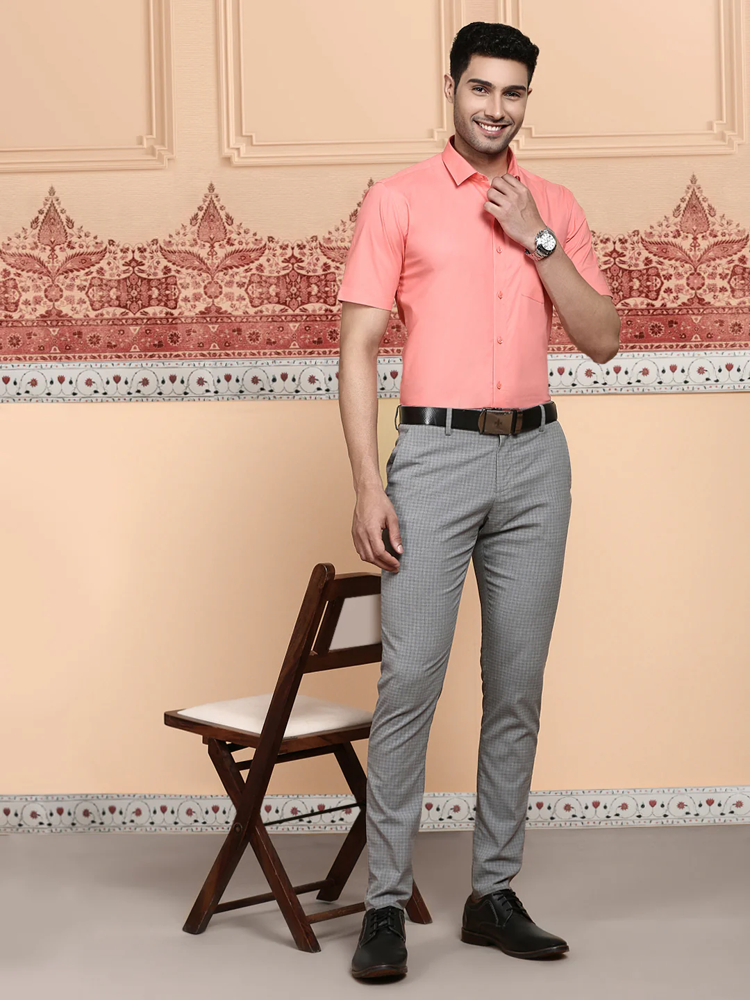 Men Cotton Spandex Shirt 2 Way Stretch Light Pink LY9 - Image 5