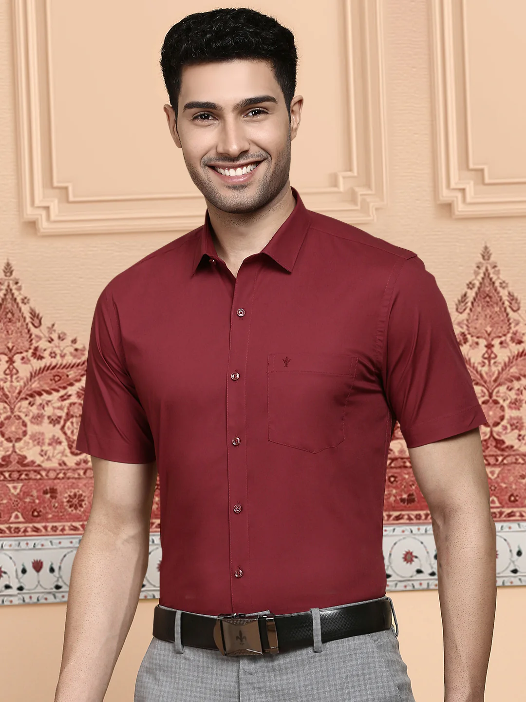 Men Cotton Spandex Shirt 2 Way Stretch Maroon LY6 - Image 2