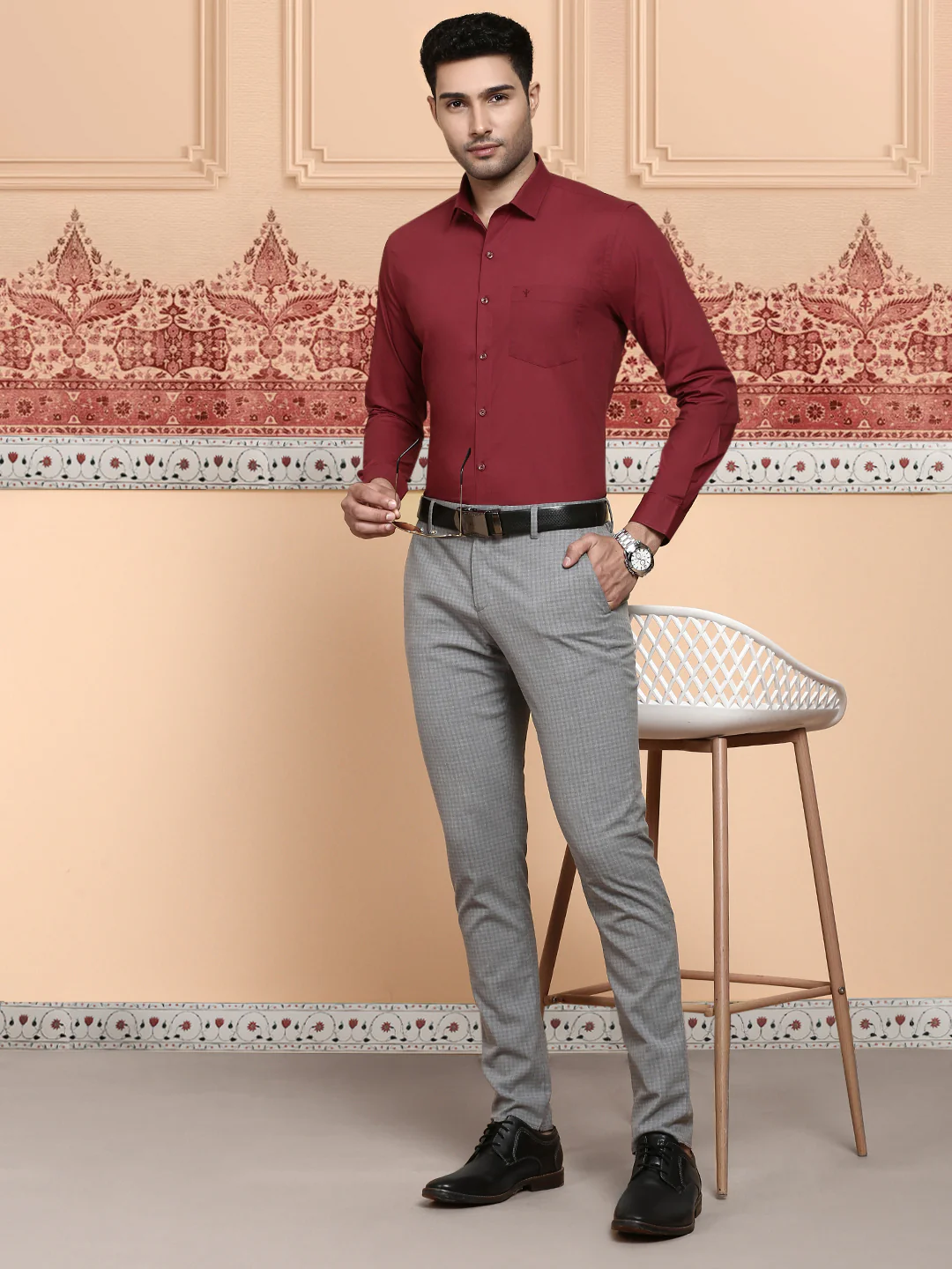 Men Cotton Spandex Shirt 2 Way Stretch Maroon LY6 - Image 3