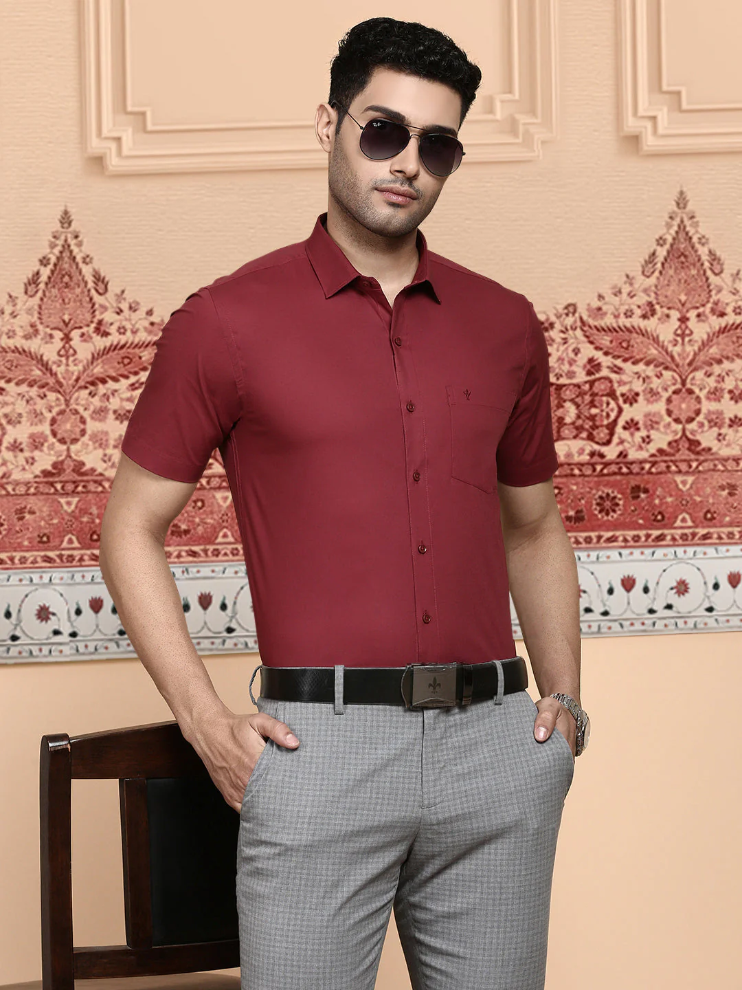 Men Cotton Spandex Shirt 2 Way Stretch Maroon LY6 - Image 4