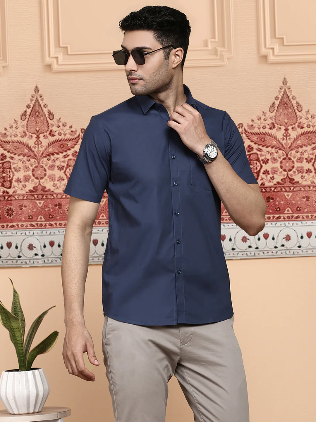 Men Cotton Spandex Shirt 2 Way Stretch Navy LY4 - Image 2