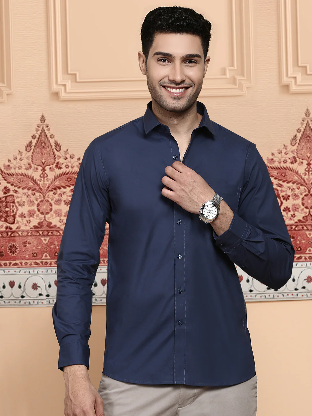 Men Cotton Spandex Shirt 2 Way Stretch Navy LY4 - Image 3