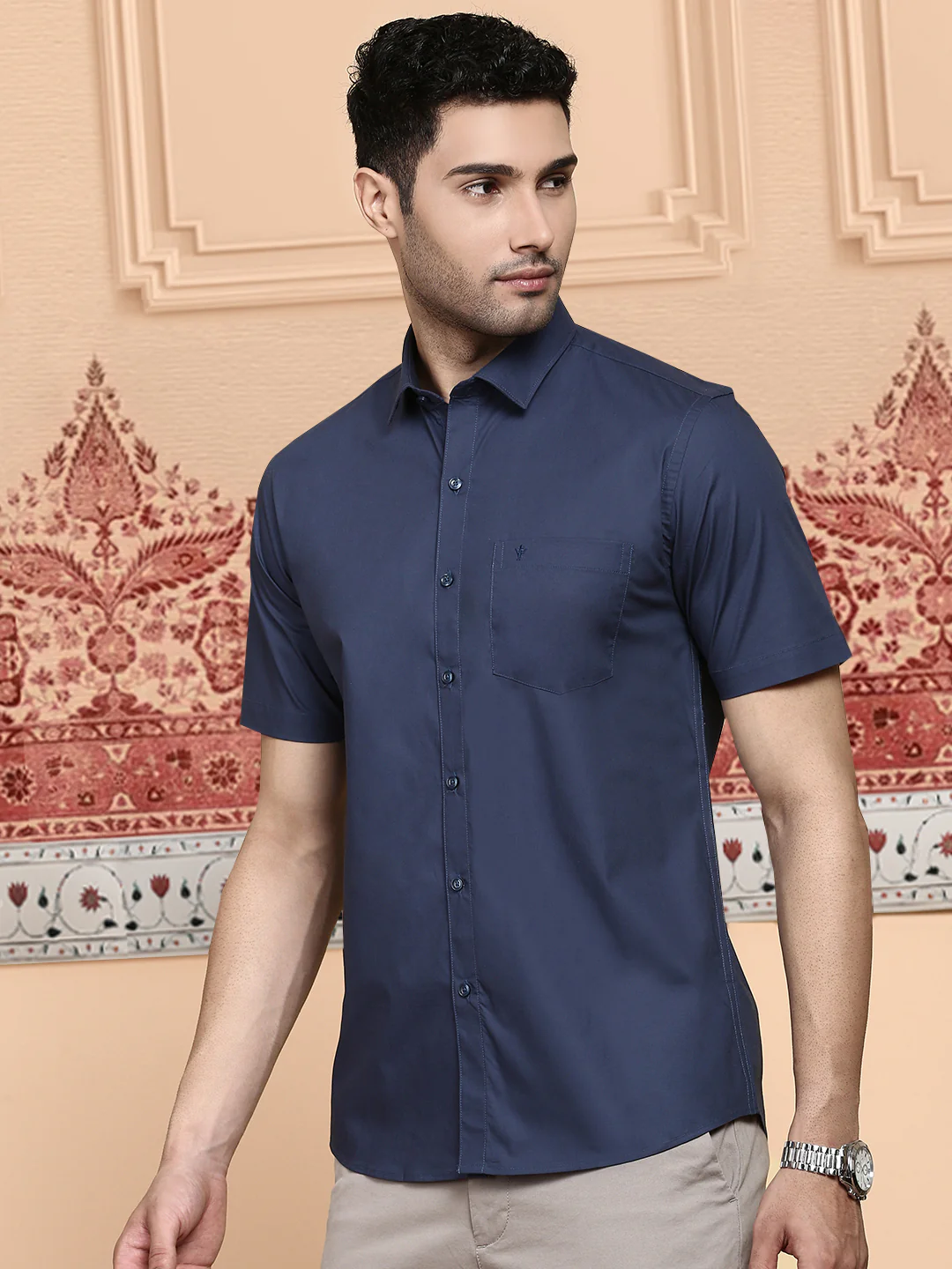 Men Cotton Spandex Shirt 2 Way Stretch Navy LY4 - Image 4
