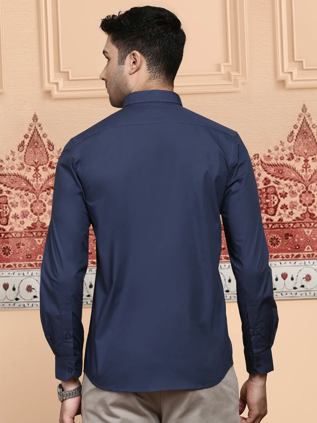 Men Cotton Spandex Shirt 2 Way Stretch Navy LY4 - Image 5