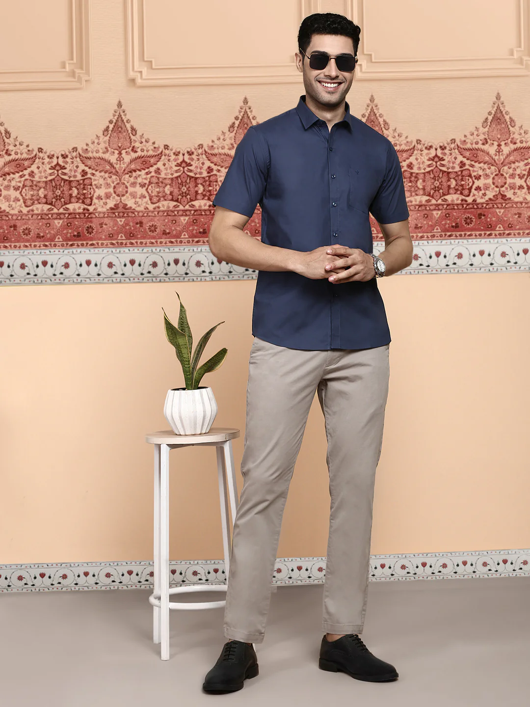 Men Cotton Spandex Shirt 2 Way Stretch Navy LY4 - Image 7