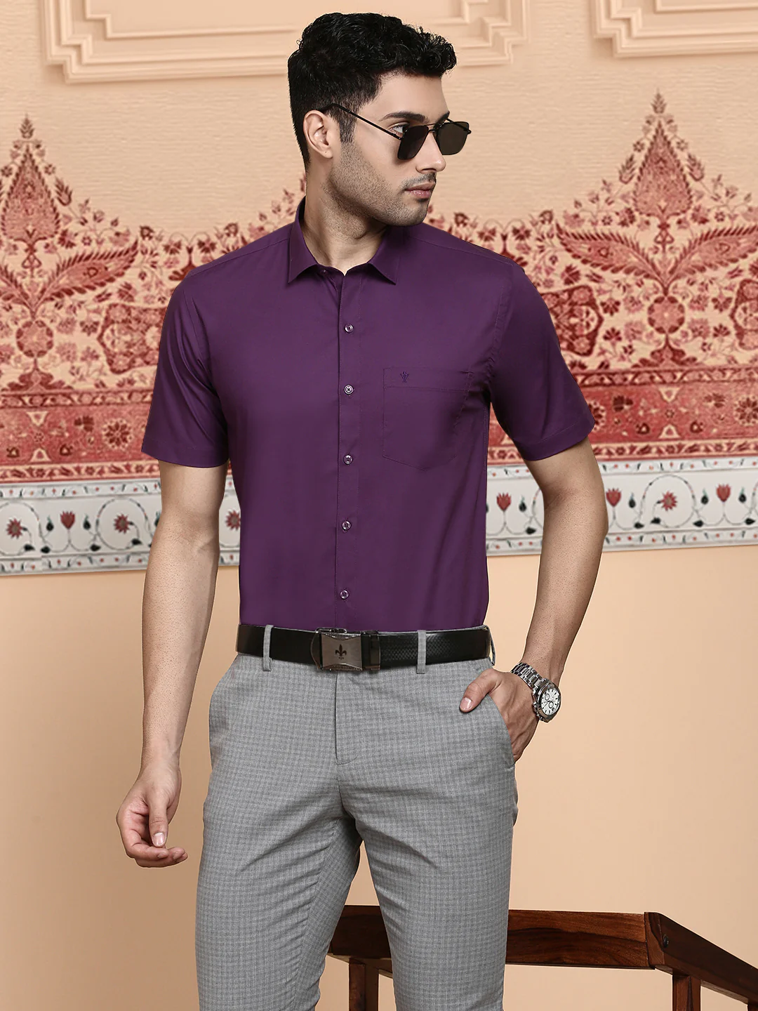 Men Cotton Spandex Shirt 2 Way Stretch Purple LY5 - Image 2