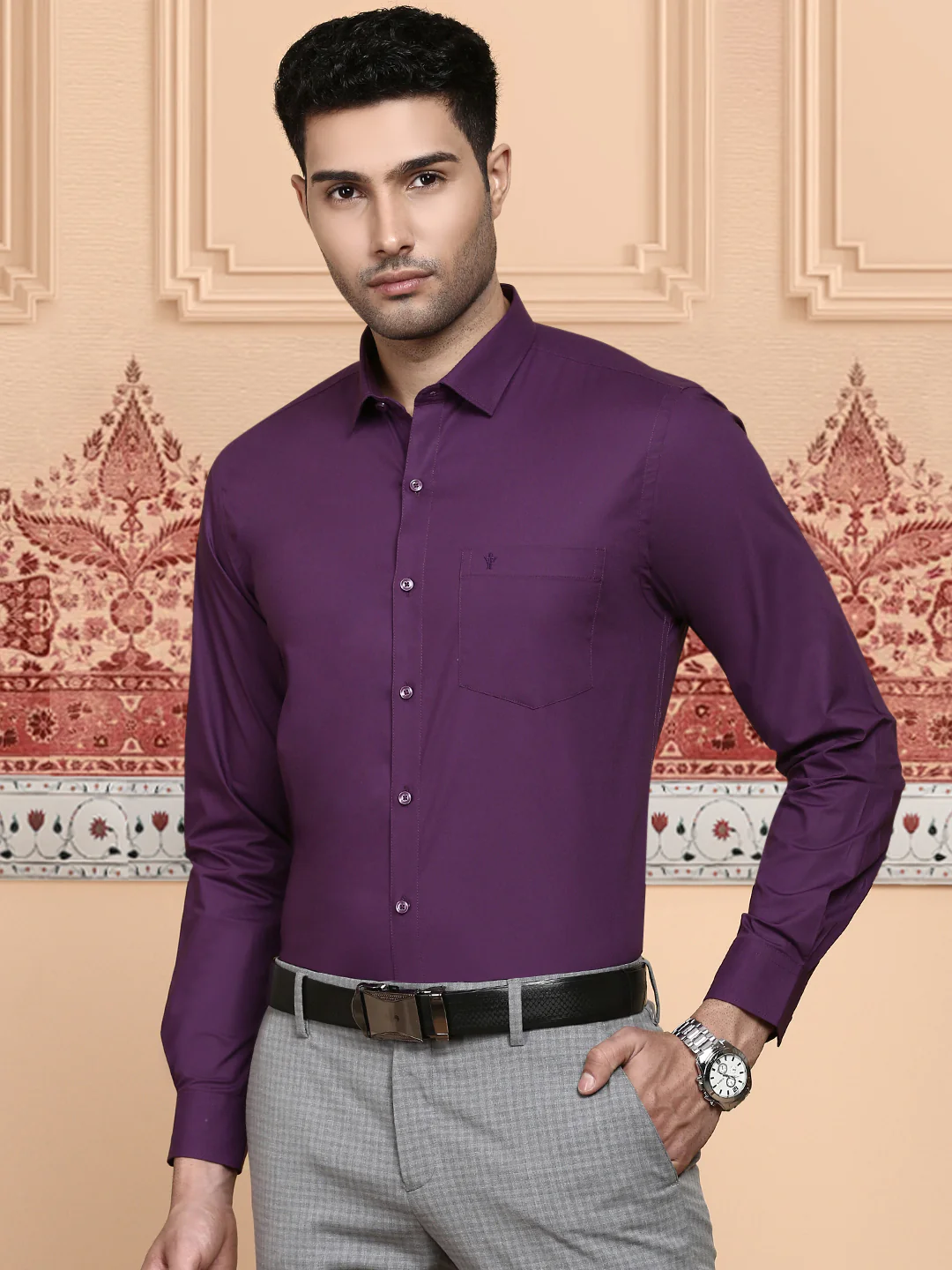 Men Cotton Spandex Shirt 2 Way Stretch Purple LY5 - Image 3