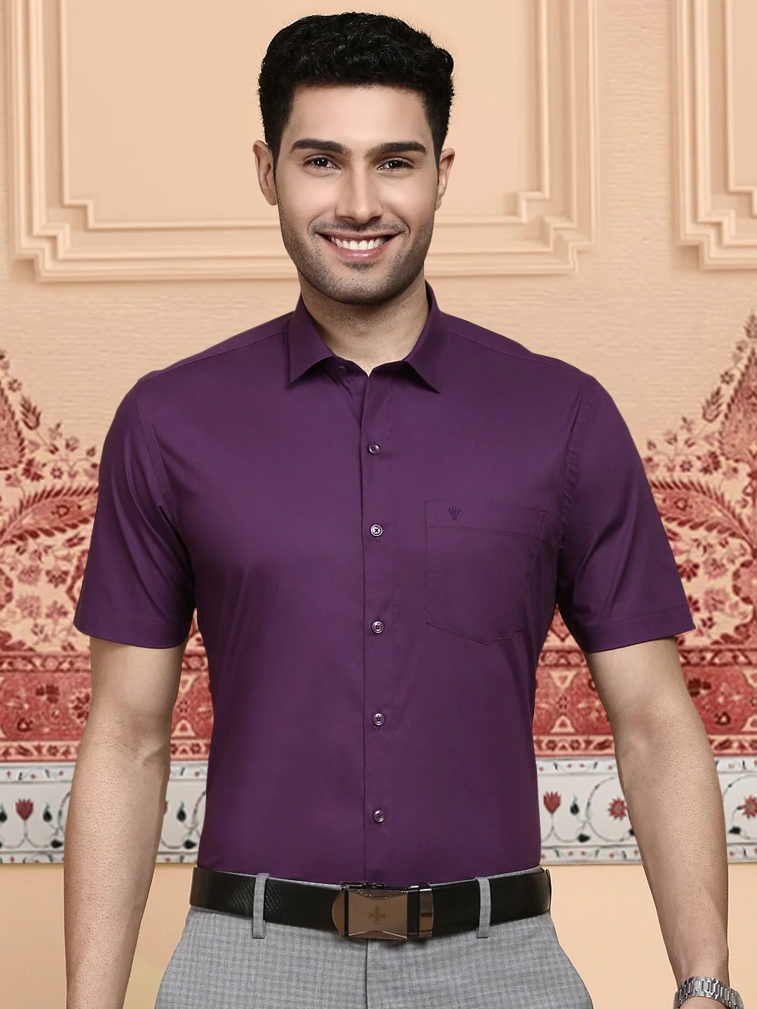 Men Cotton Spandex Shirt 2 Way Stretch Purple LY5 - Image 4