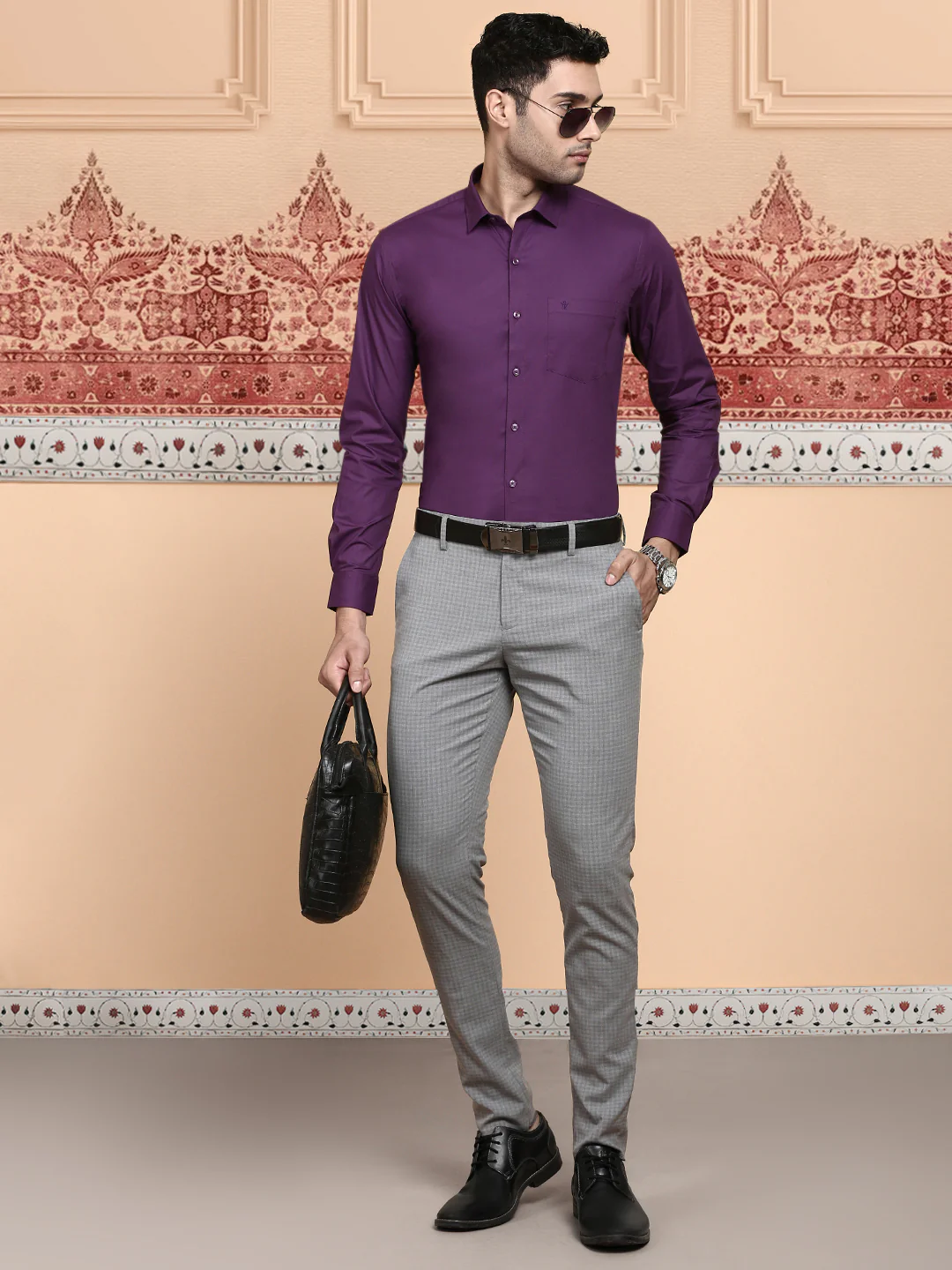 Men Cotton Spandex Shirt 2 Way Stretch Purple LY5 - Image 6